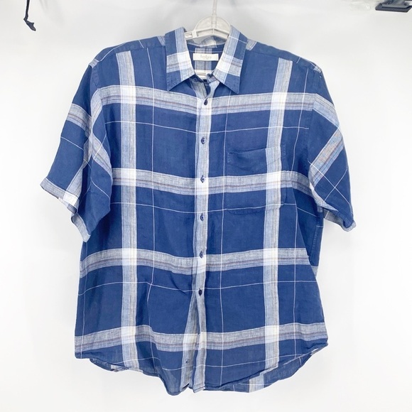 Turnbury 100% Linen Button Down Short Sleeve Shirt blue large plaid pattern - Picture 1 of 7